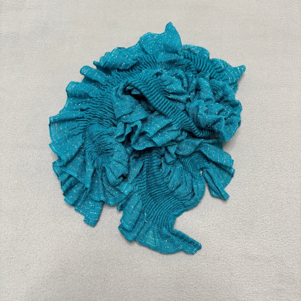 Scarf Womens Teal Blue Metallic Ruffle Smocked Knit Lightweight Y2K 90s Stretch